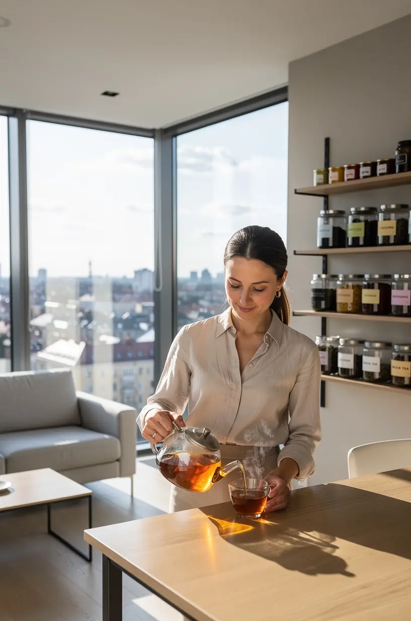Arbatos ceremonijos elementai: arbatinukas, puodeliai, medinės mentelės ant lino staltiesės