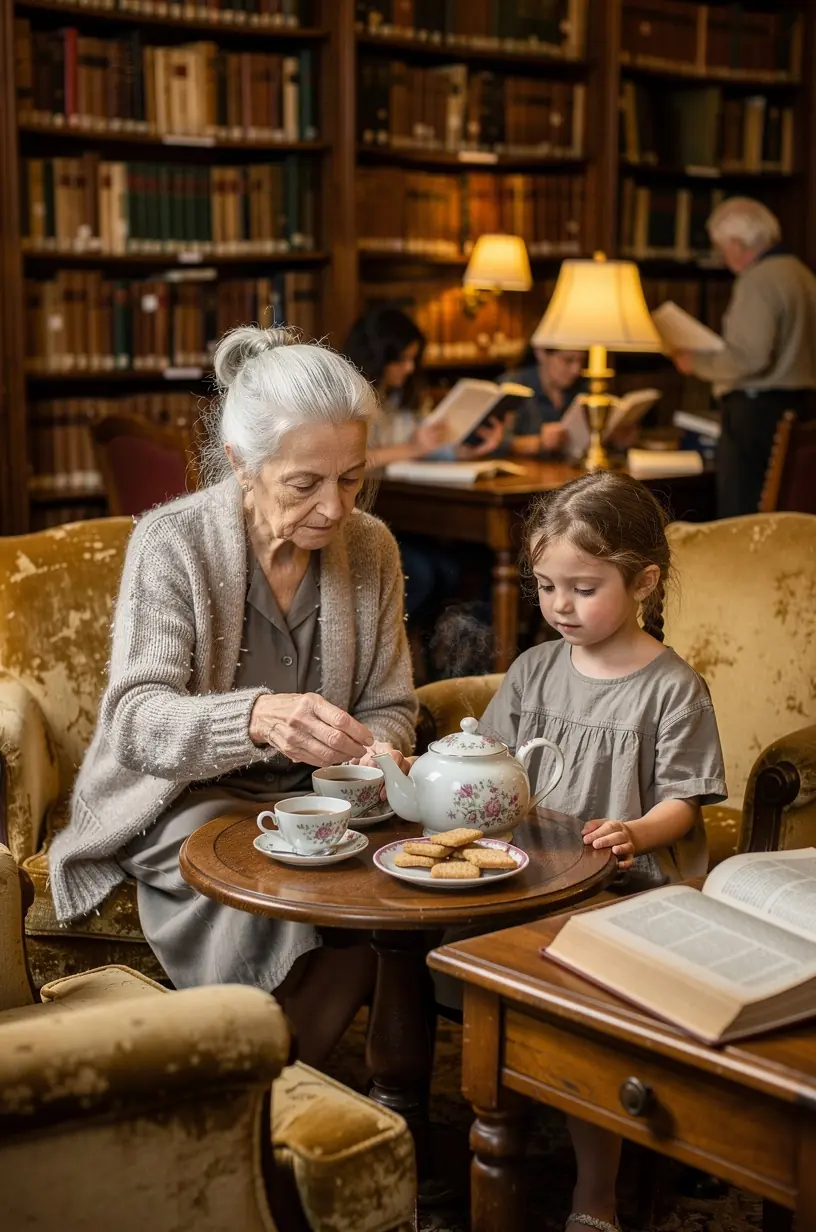 Šviesi virtuvė su ryte besiruošiančios šeimos nariais, gurkšnojančiais arbatą prie stalo