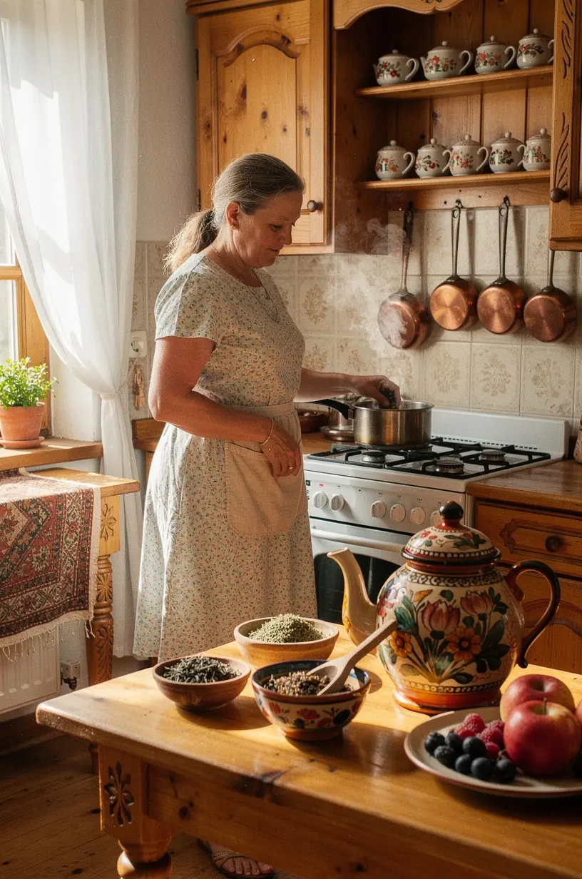 Rankos laiko keramikos puodelį su žalia arbata, fonas - natūrali gamta